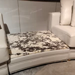 Curved Modular Luxury Sofa Set with Premium Top-Grain Leather, Polished Gold Stainless Steel Frame & Natural Marble Inlay